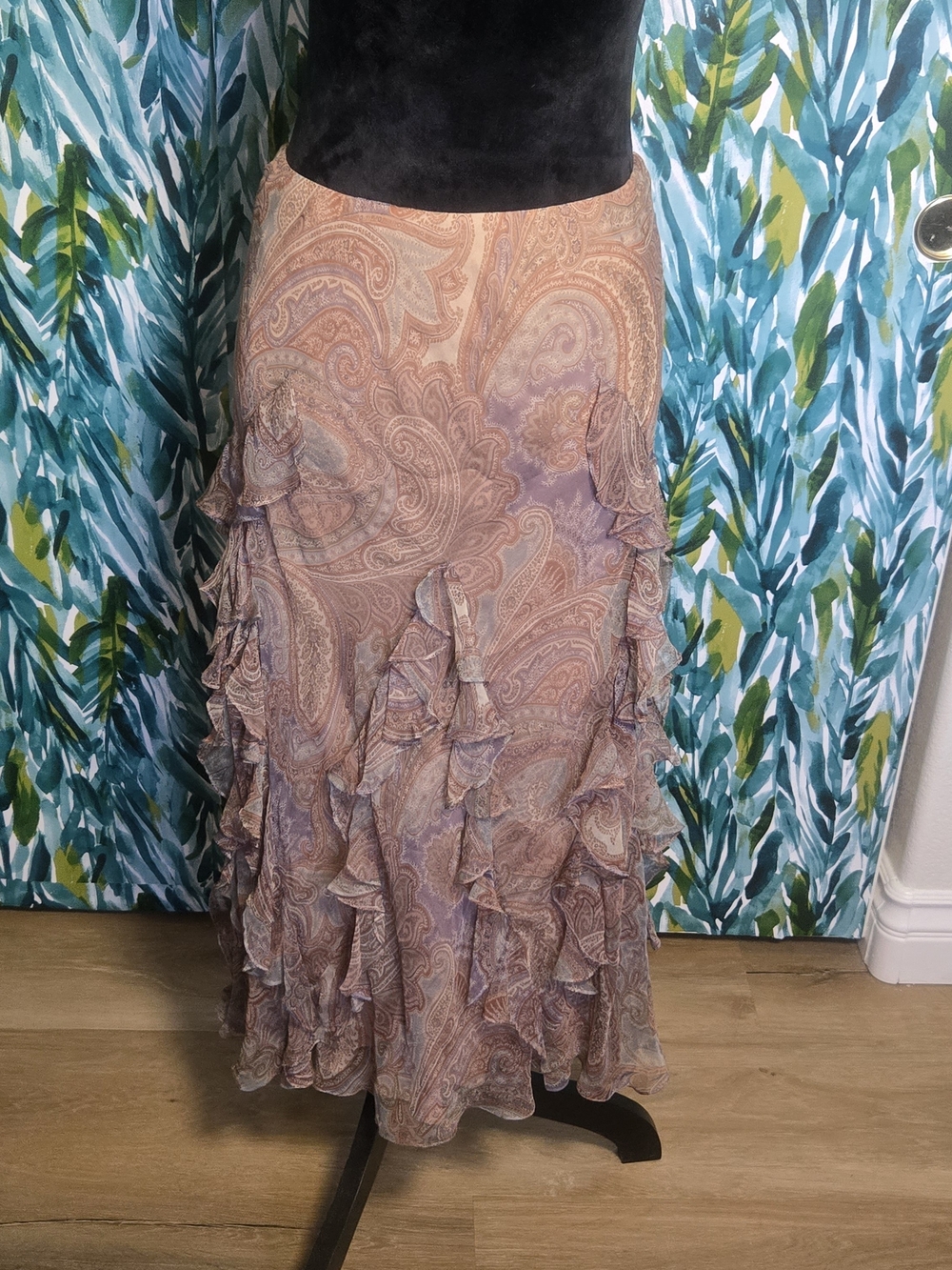 Y2K Vintage Ralph Lauren Peach and Lavender Paisley Ruffle Maxi 100% Silk Skirt